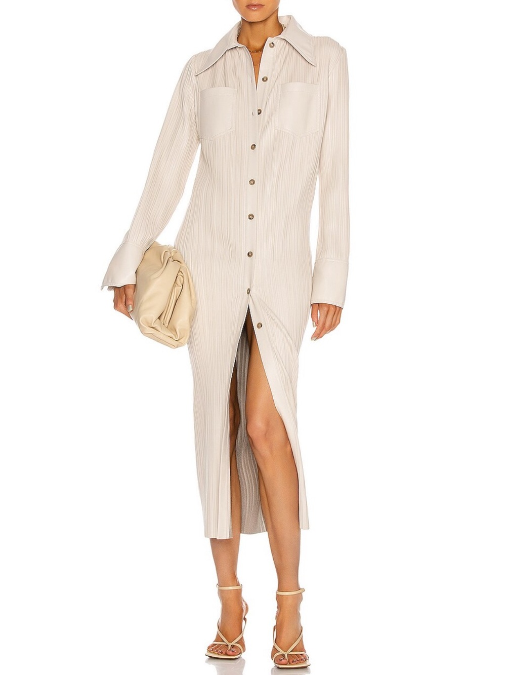 Nanushka Lee Pleated Vegan Leather Shirt Dress XS Cream